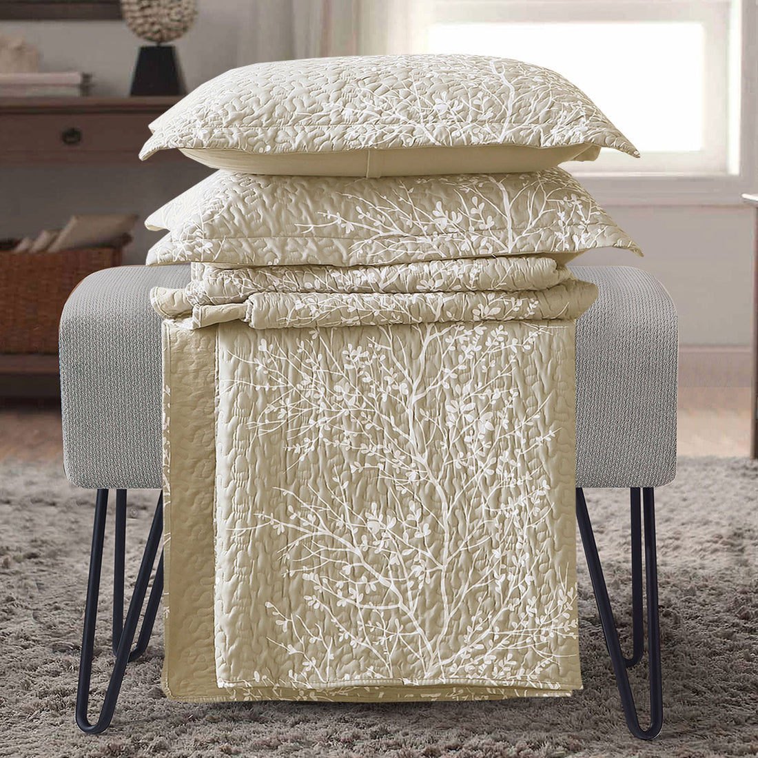 Odette Beige Lightweight Reversible Oversize Quilt Bedspread Set