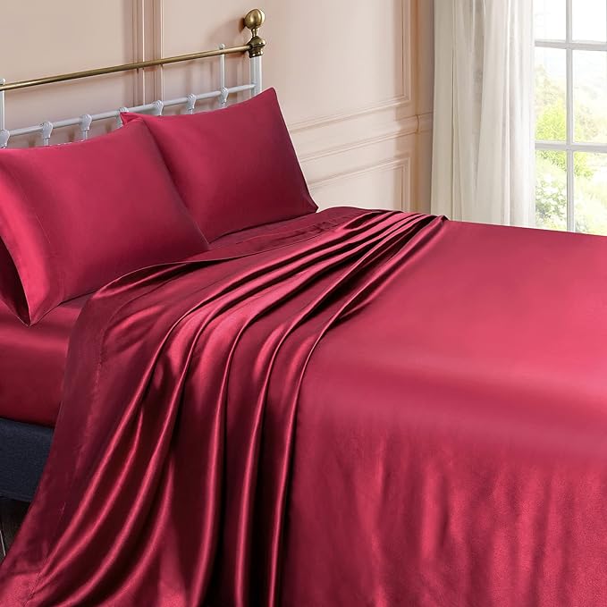 30 Inch Pocket Sheet Set 4Pc Mulberry Sateen Silk Burgundy