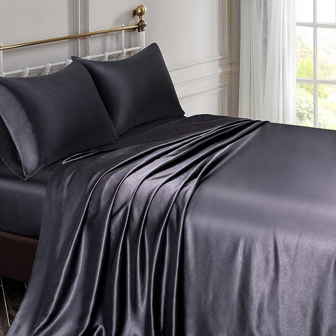 21 Inch Pocket Sheet Set 4Pc Mulberry Sateen Silk Black