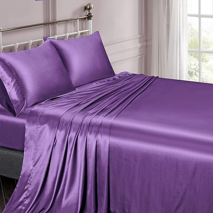 6 Inch Pocket Sheet Set 4Pc Mulberry Sateen Silk Purple